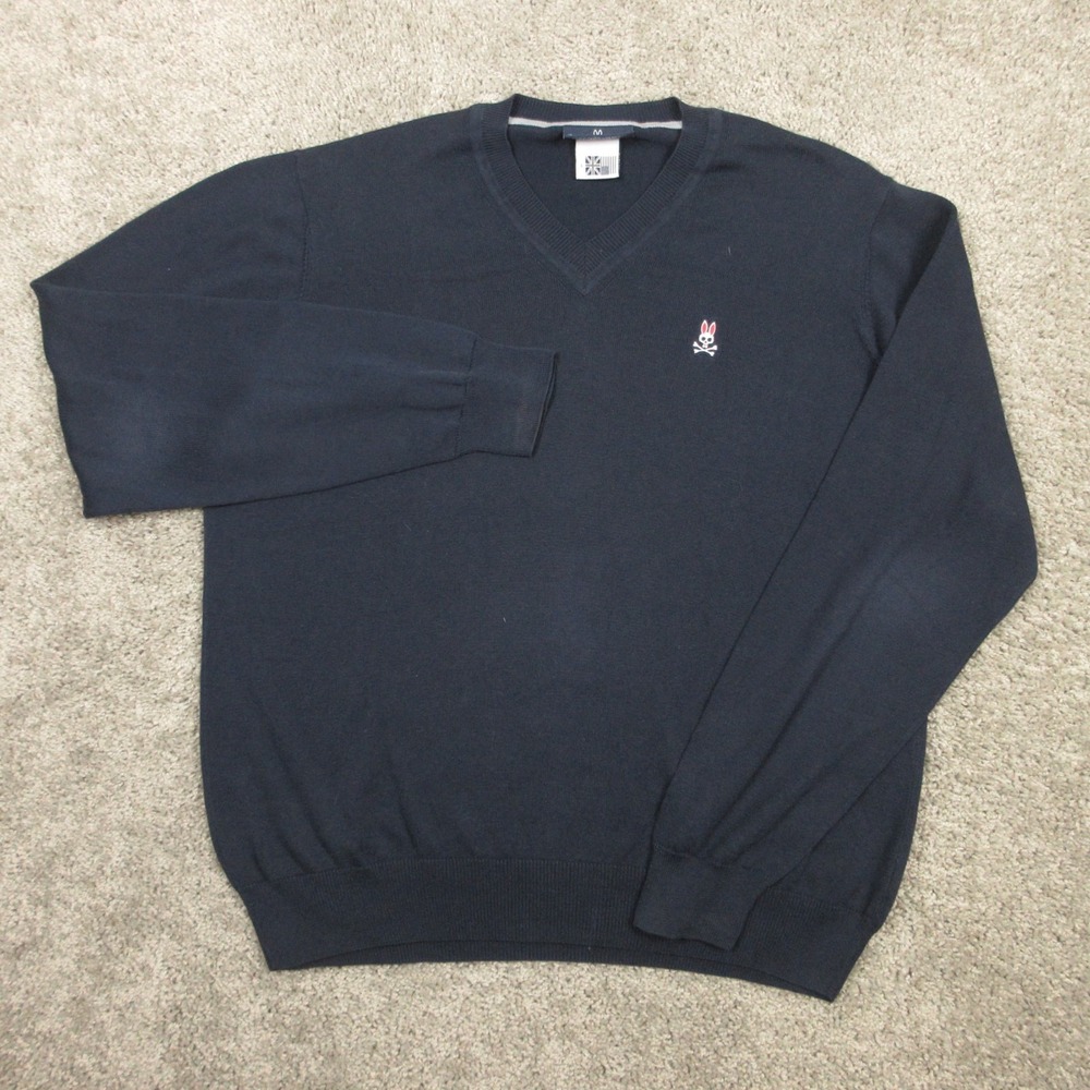 Psycho Bunny Sweater Mens Large Navy Blue V Neck Knit Pullover Pima Cotton Logo